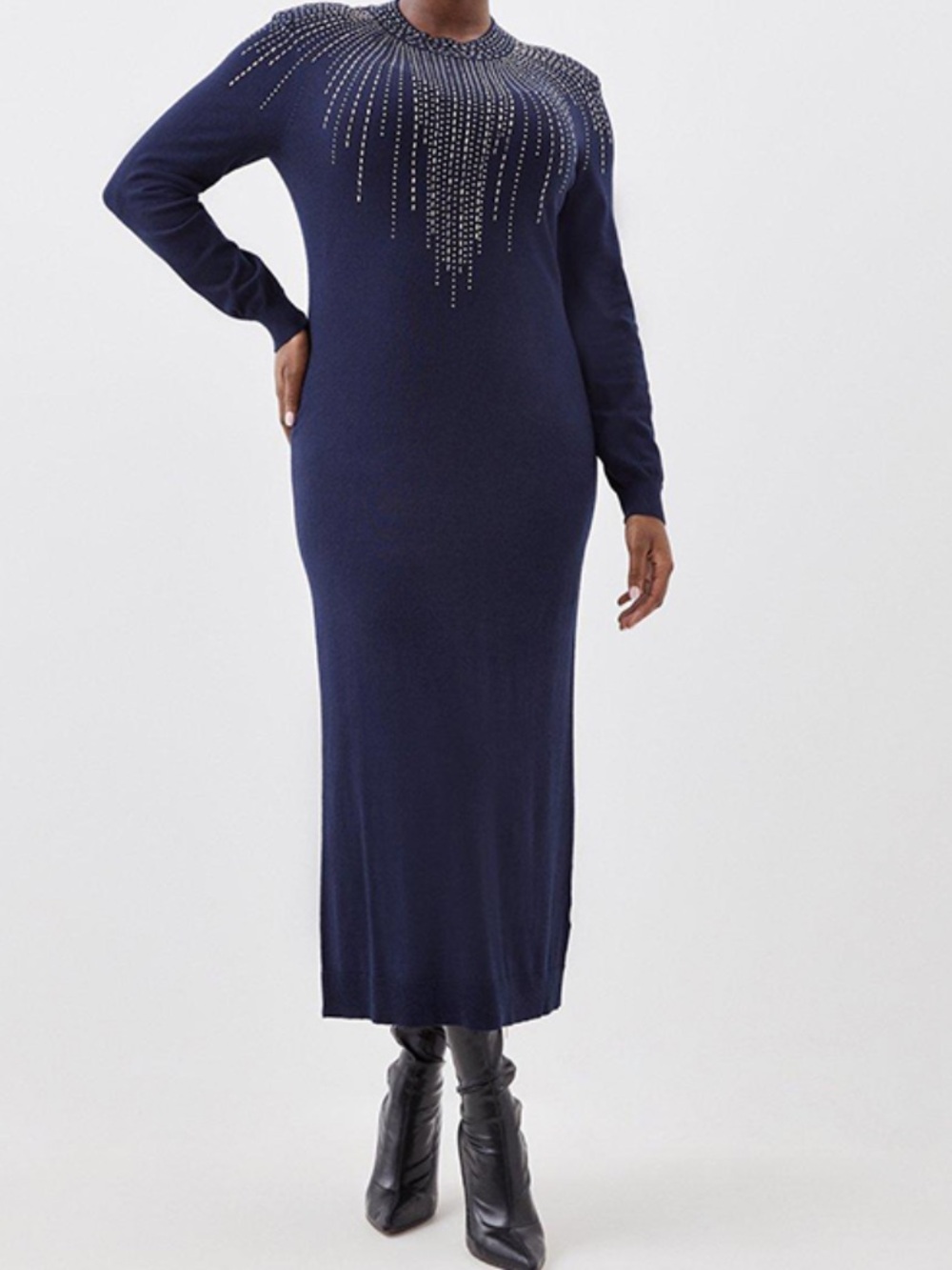 Karen Millen Navy Maxi Dress, Sequin Drip, Elegant, Special Occasion.